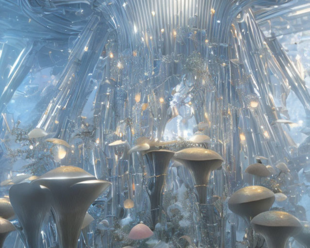 Luminous underground scene with towering mushroom structures and glowing plant life