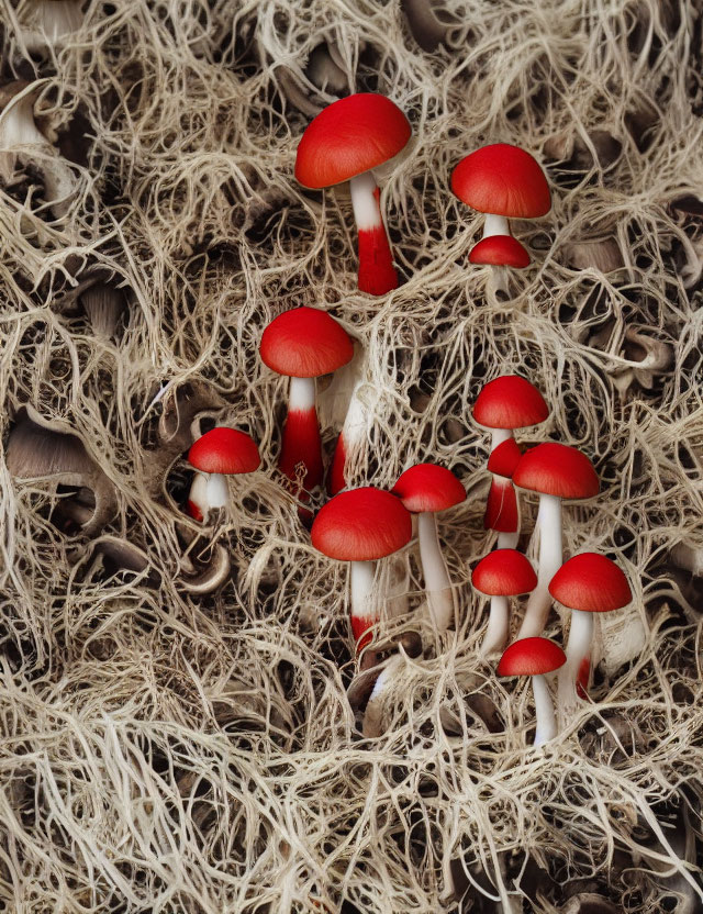 Bright red mushrooms with white stems in tangled pale roots