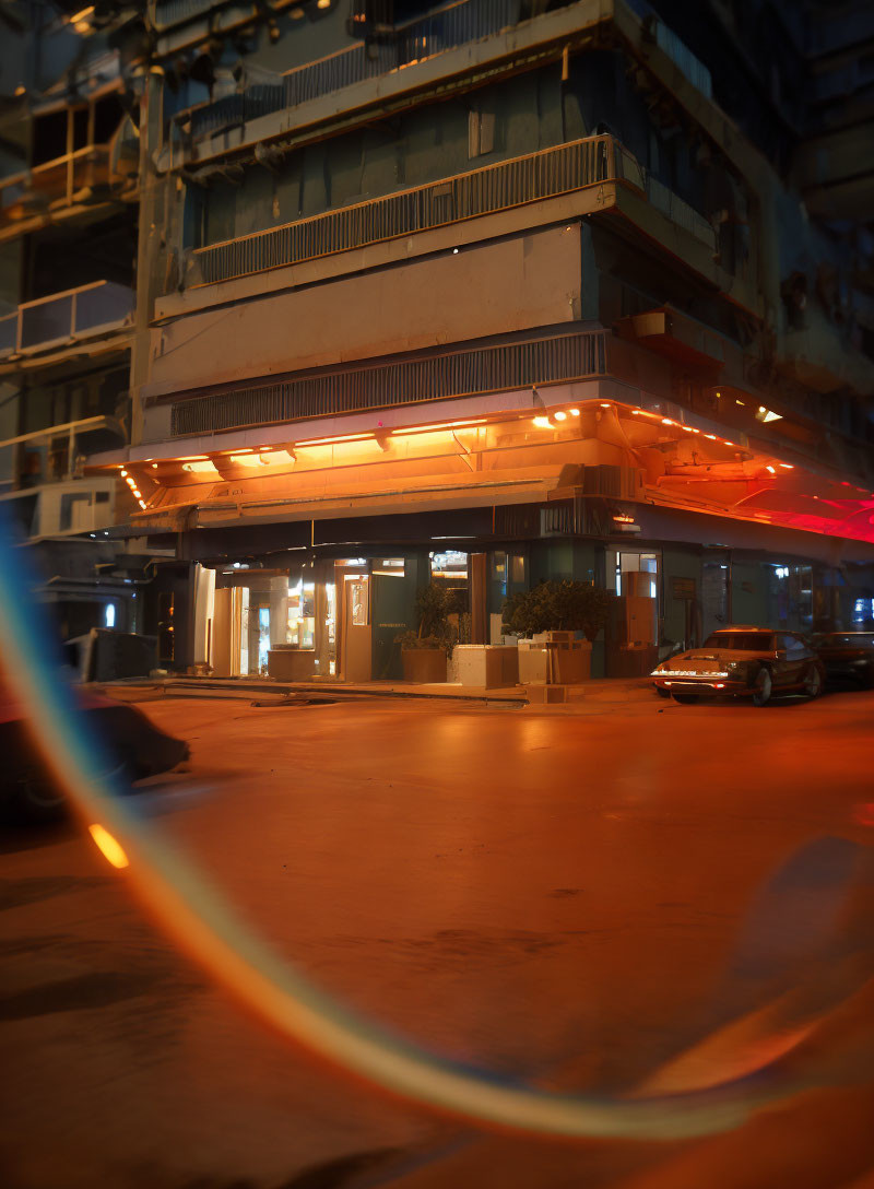 Night scene with warm lighting, car, and light streak under building overhang