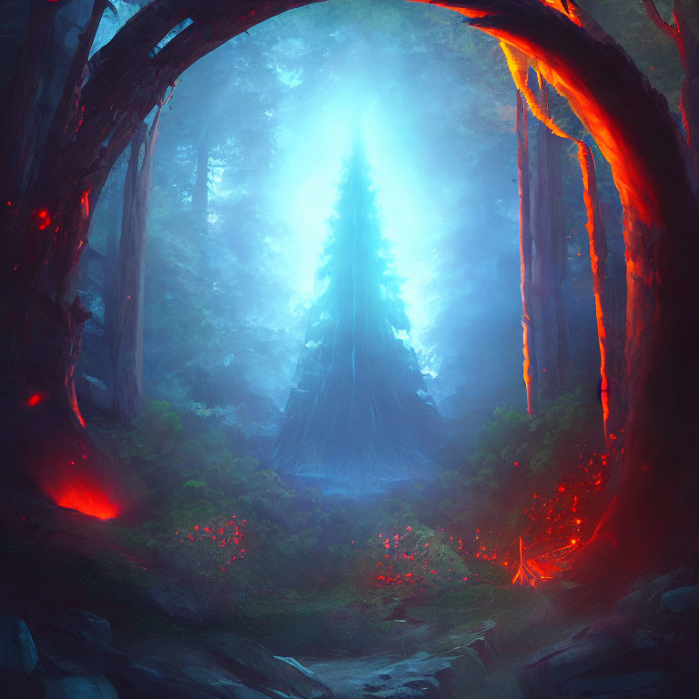 Enchanting forest scene with glowing tree and ethereal blue light