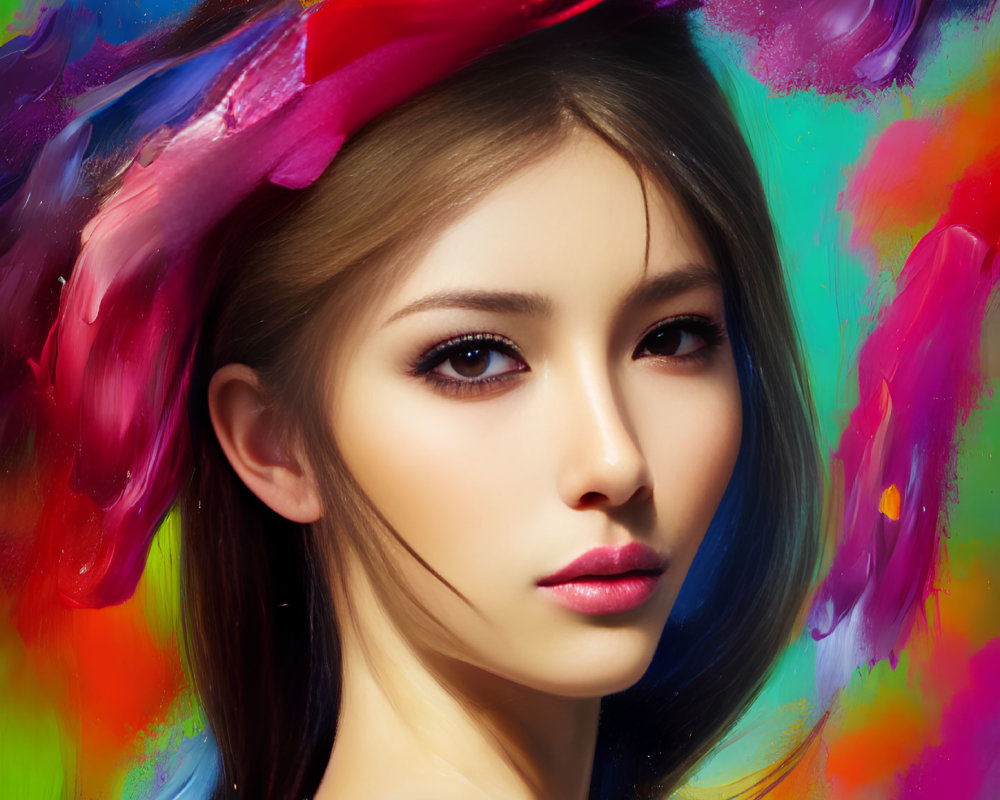 Vibrant abstract digital artwork of a woman with striking eyes