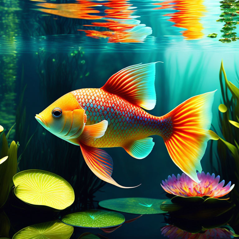 Colorful Fish Swimming Among Lily Pads and Flowers