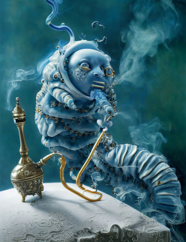 Blue multi-eyed creature smoking ornate pipe in ethereal smoke on green backdrop