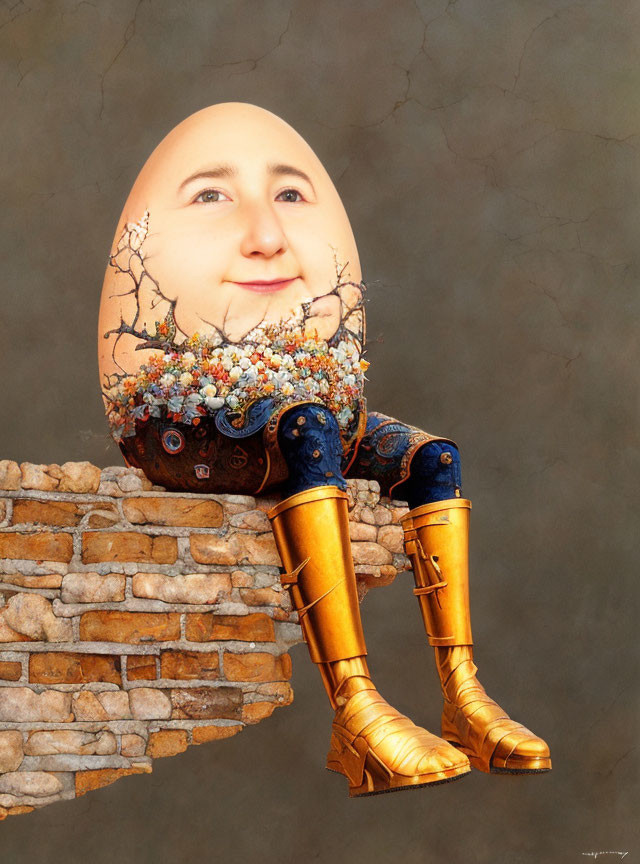 Surreal artwork featuring person with egg-shaped head and golden boots on brick wall