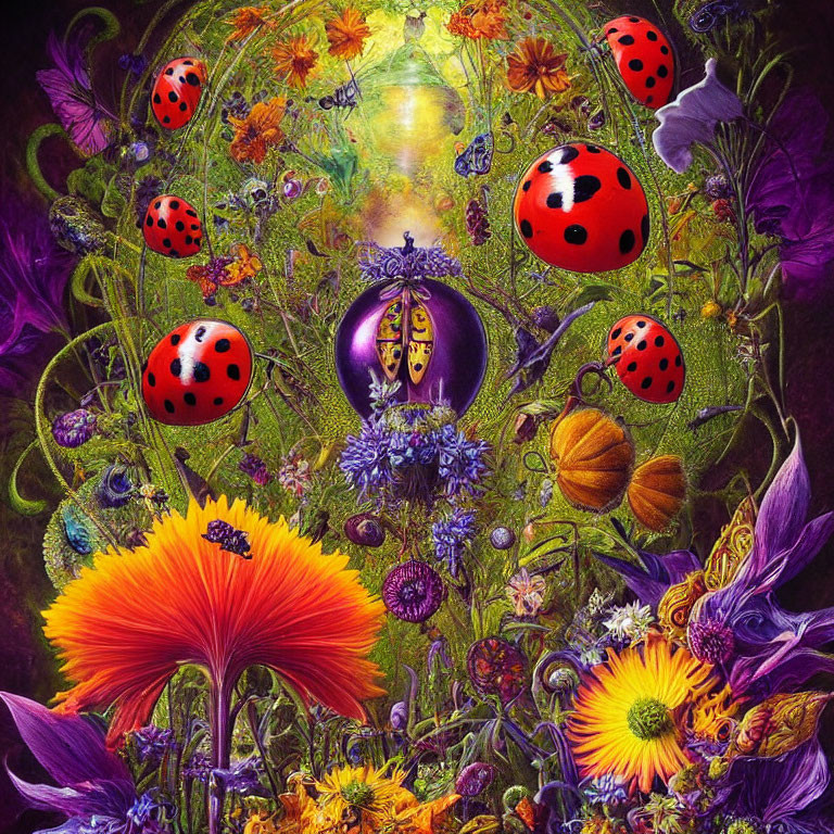 Colorful floral and mystical orb artwork on dark cosmic background