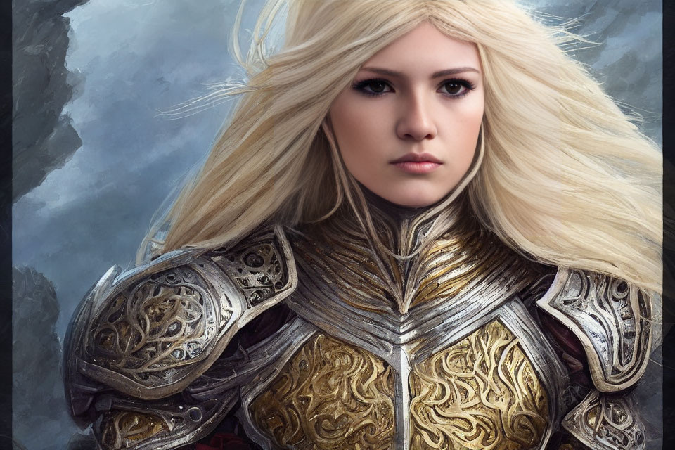 Blonde woman in silver and gold armor digital art
