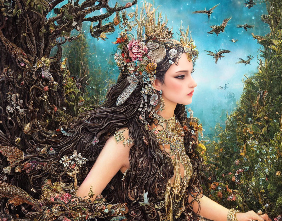 Woman adorned with ornate headwear and jewelry in mystical forest setting
