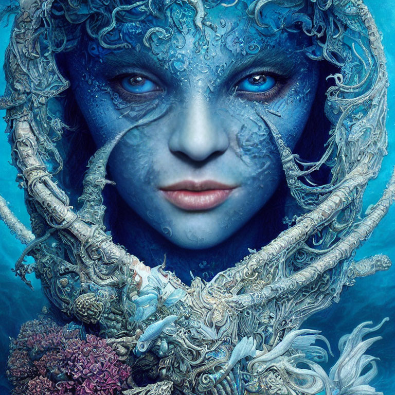 Blue-skinned ocean-inspired being with coral-like textures and marine life integration