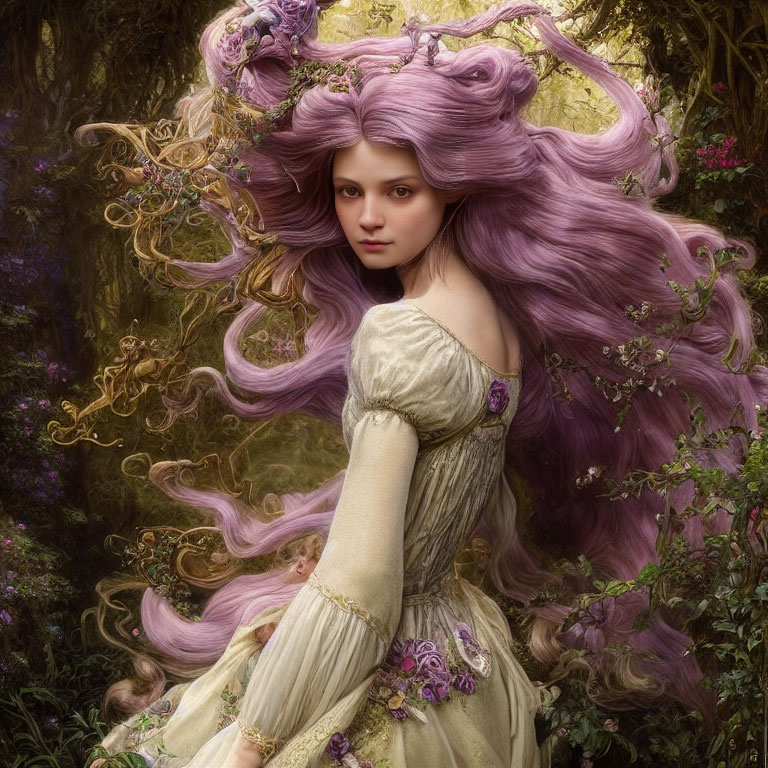 Woman with flowing purple hair in vintage dress in mystical forest.