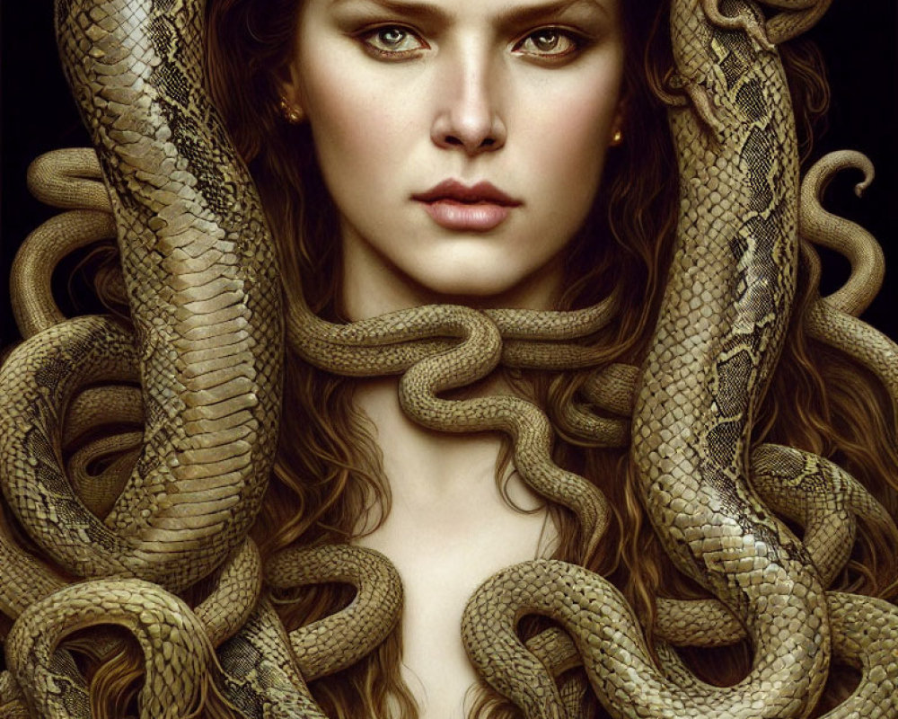 Intense Woman with Snakes in Mythical Scene