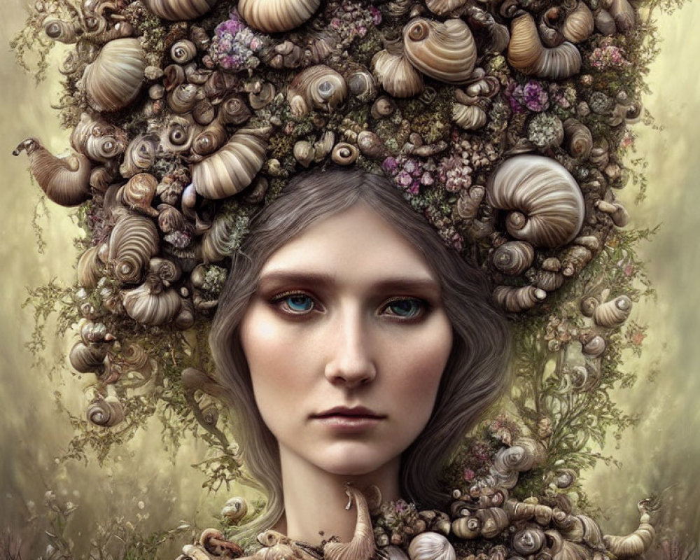 Woman portrait with snail headdress and pink flowers: mystical and earthy vibe