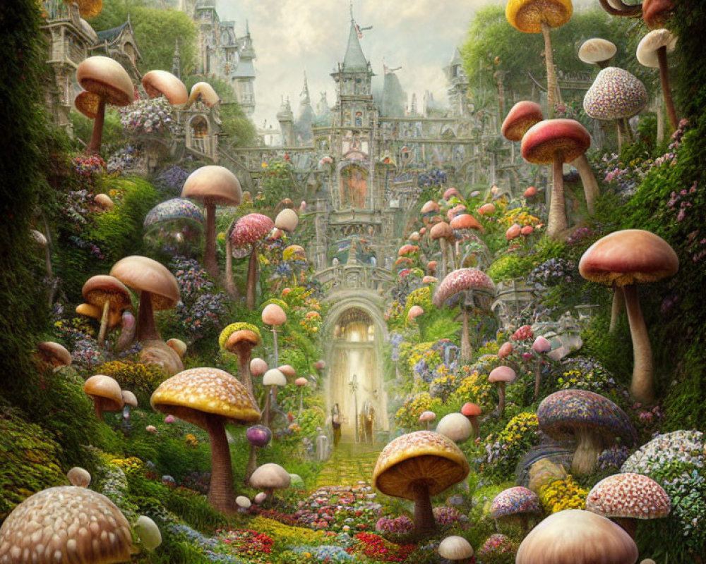Mystical Castle and Colorful Mushrooms in Fantasy Landscape