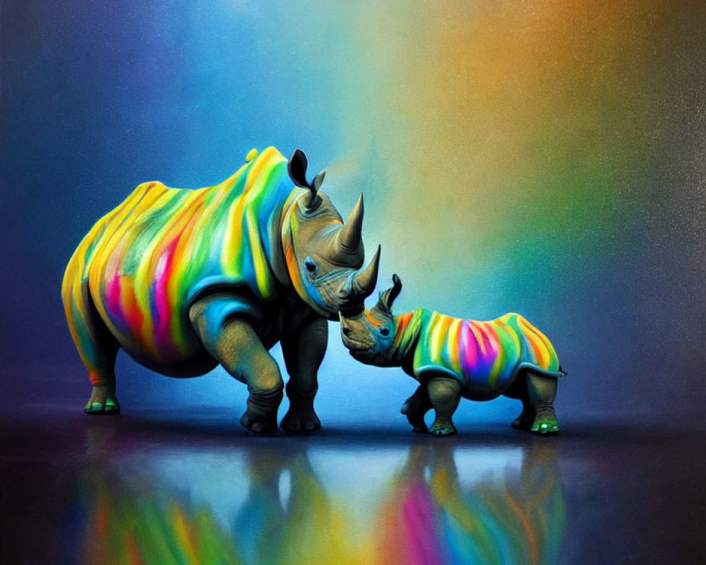 Colorful adult and baby rhinoceros in rainbow pattern against misty backdrop