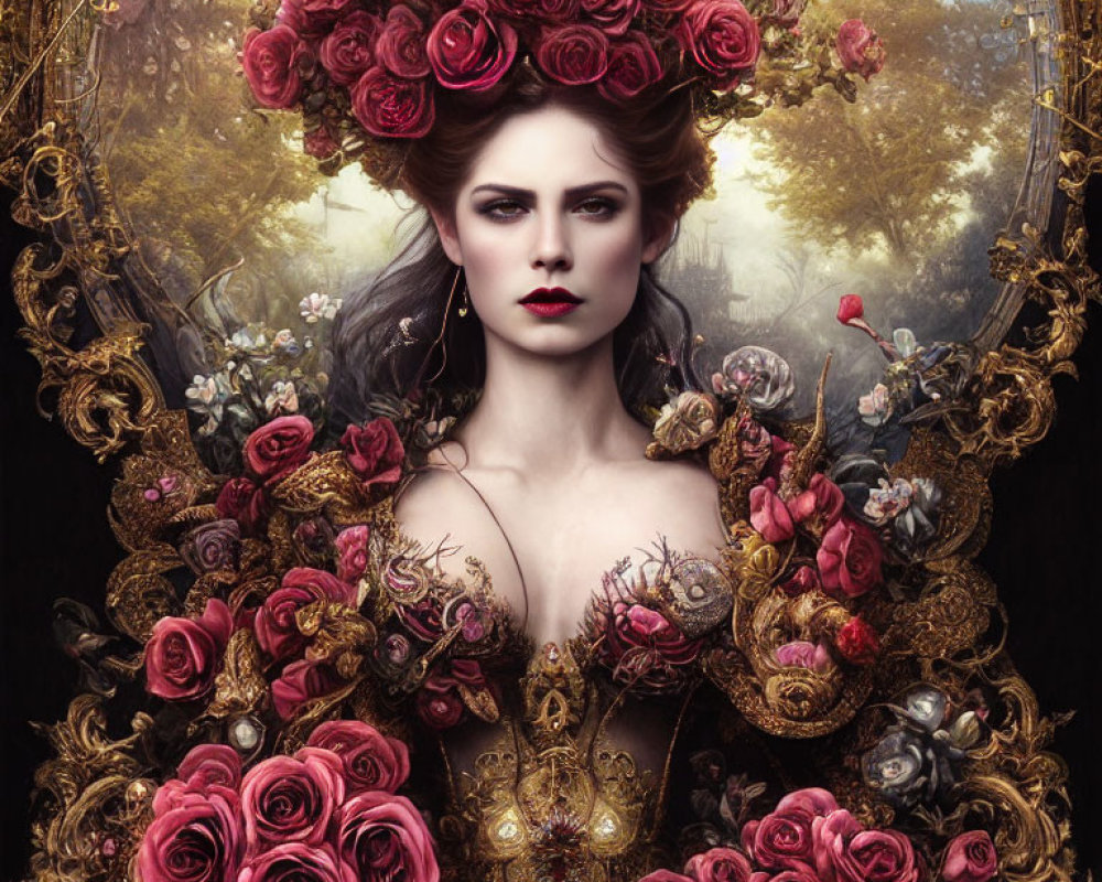 Woman wearing red rose headpiece and gold attire in mystical forest setting