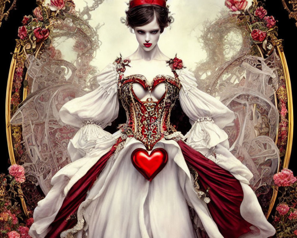 Gothic-style artwork featuring woman in white and red dress