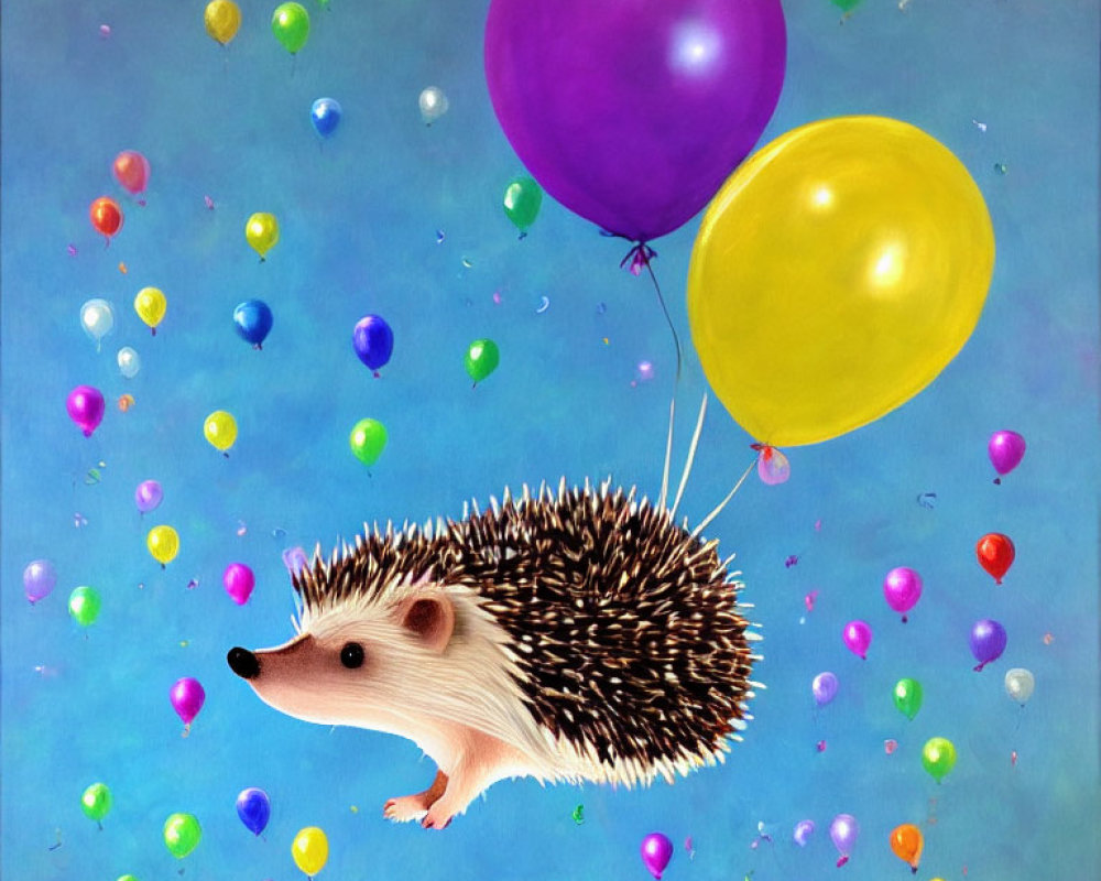 Colorful Balloon-filled Sky with Floating Hedgehog Illustration