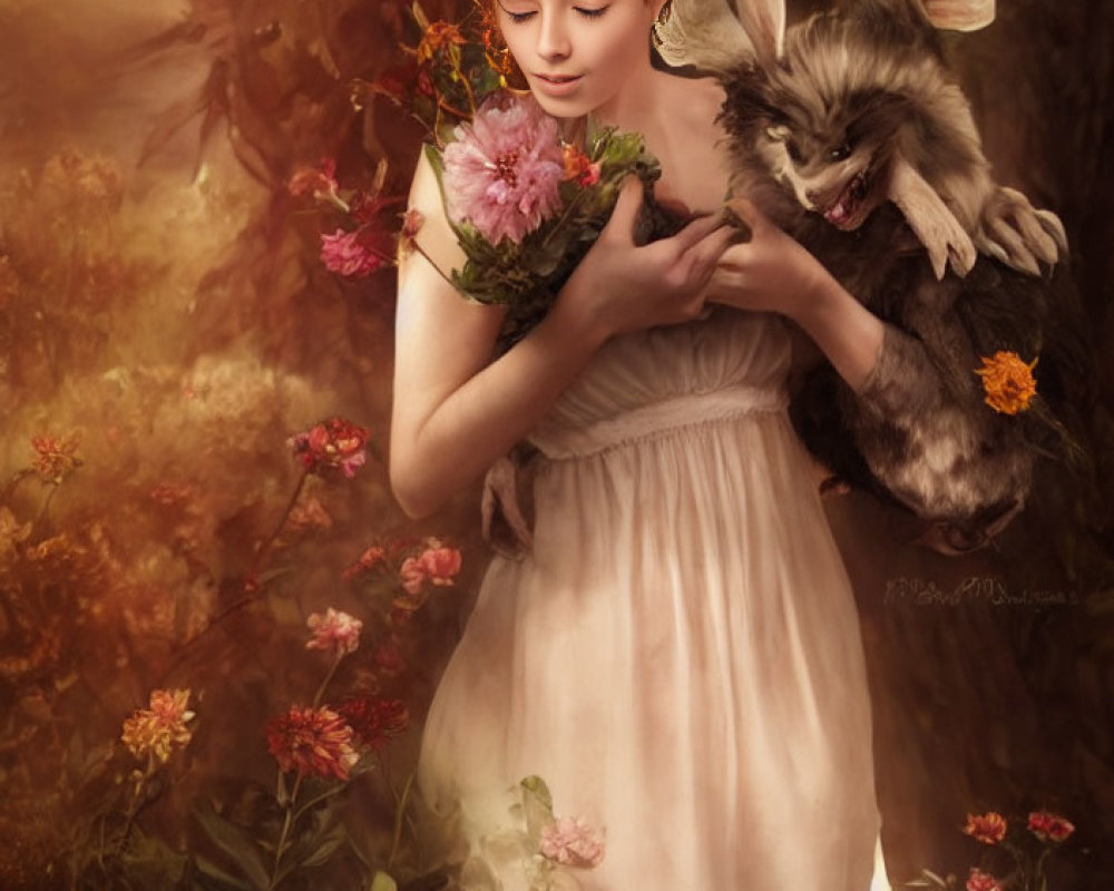 Serene woman in white dress with bouquet and mythical rabbit in floral woodland.