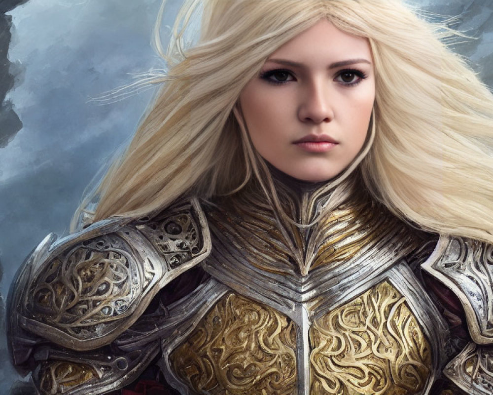 Blonde woman in silver and gold armor digital art