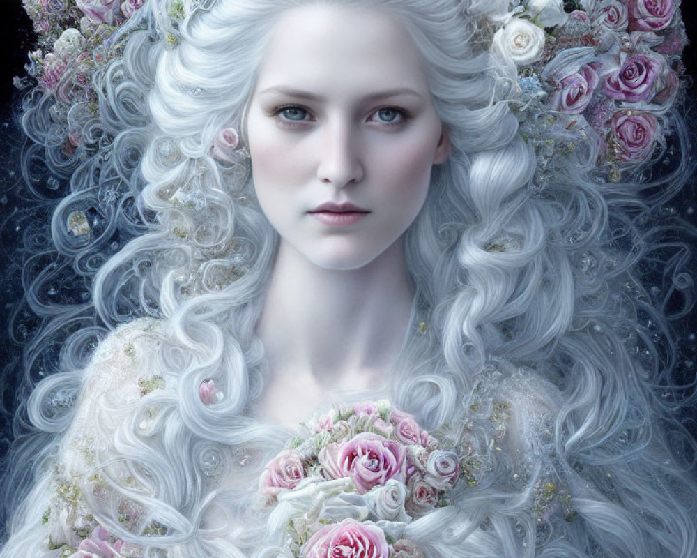 Pale-skinned woman with white hair and crown, surrounded by pink and white roses