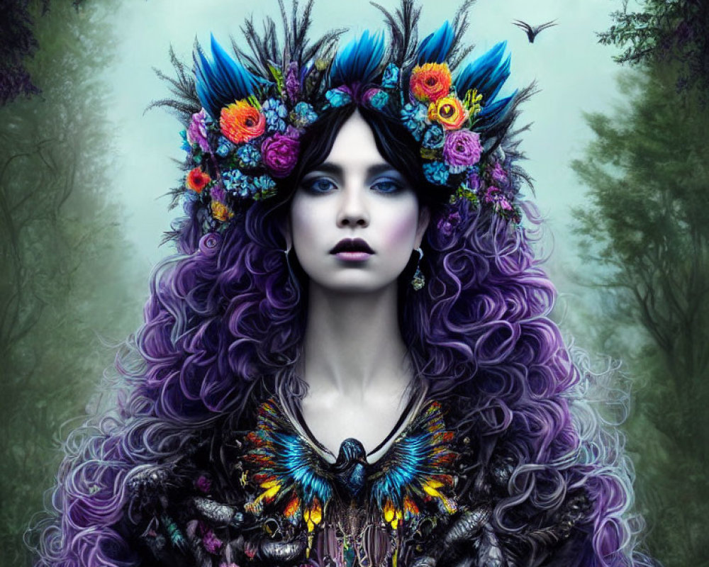 Purple-haired woman in feathered headdress and bird-themed cloak in misty forest.