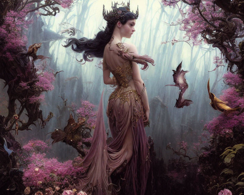 Mystical woman in elegant dress in flower-filled forest