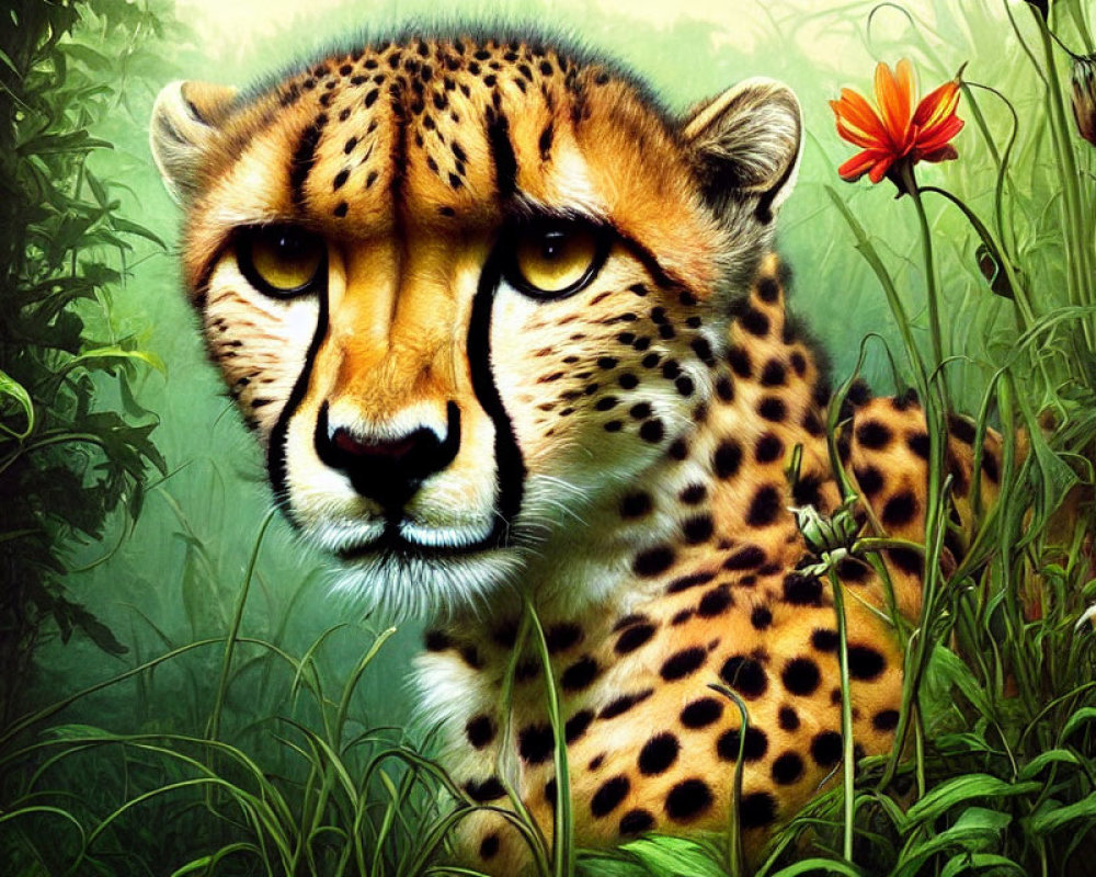 Detailed illustration of a cheetah's head in vibrant jungle setting