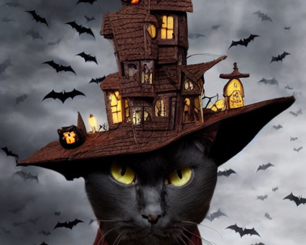 Black Cat in Witch's Hat with Haunted House Sky and Bats