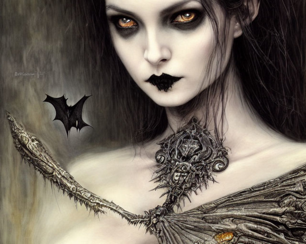 Pale woman in gothic attire with bat motif crown and dark makeup
