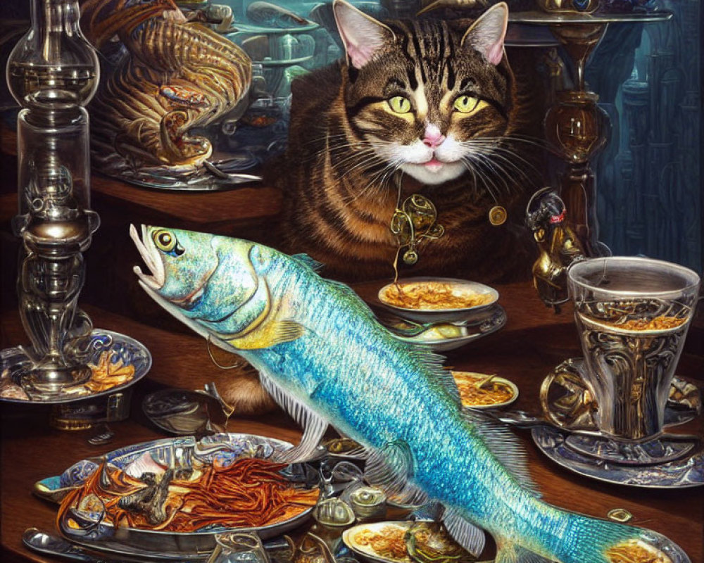 Tabby cat surrounded by lavish feast and opulent decor.