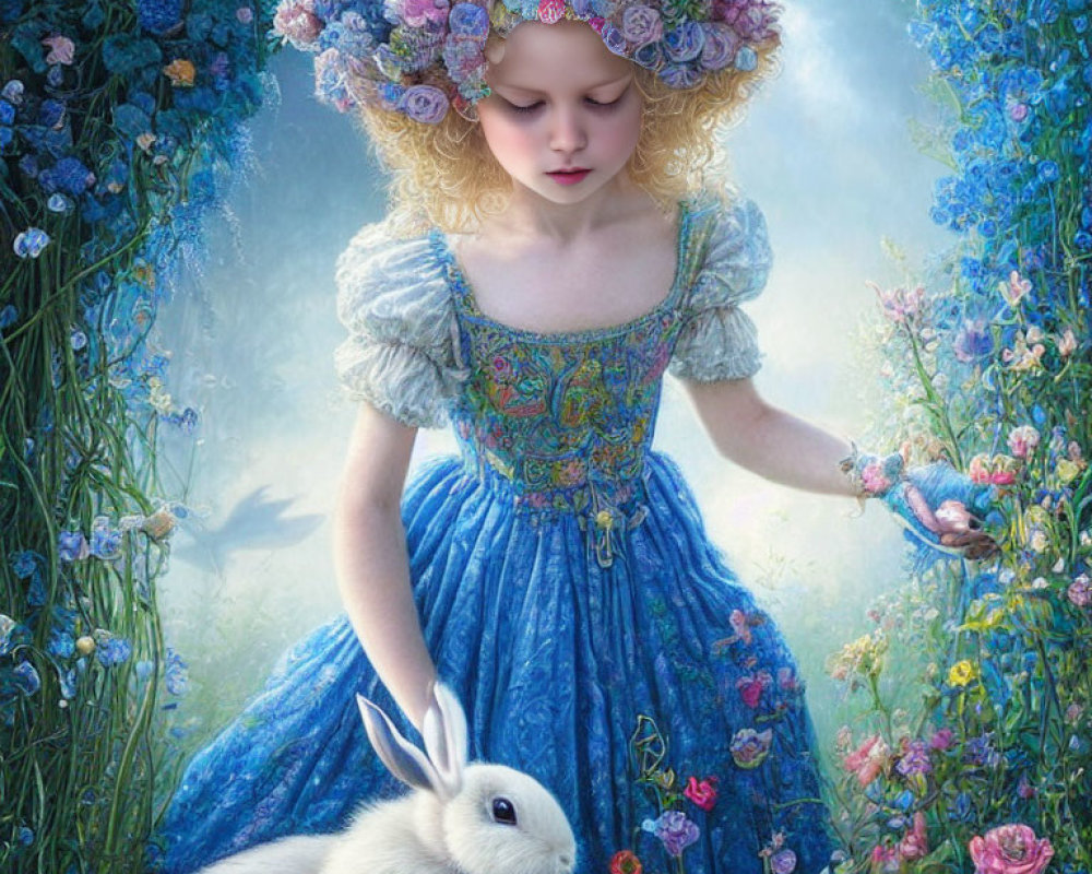 Young girl in blue floral dress with rose hat and white rabbit in garden full of blue flowers