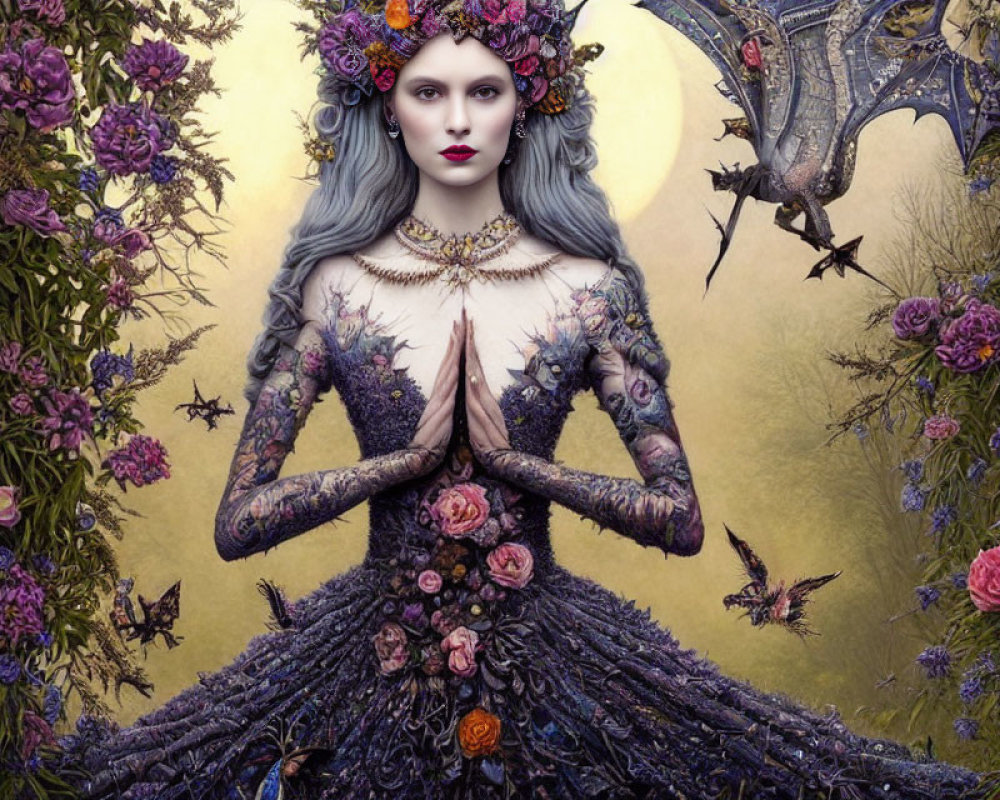 Fantasy artwork of woman with gray skin in floral gown and dragon wings