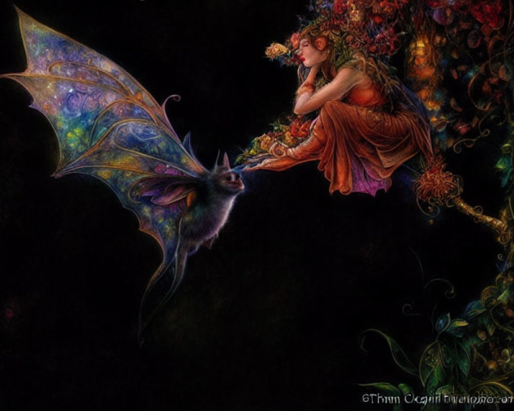 Whimsical artwork of fairy with iridescent wings and bat in dark floral setting