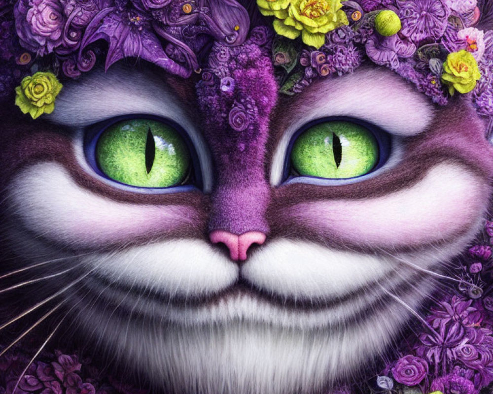 Whimsical purple cat with green eyes among colorful flowers
