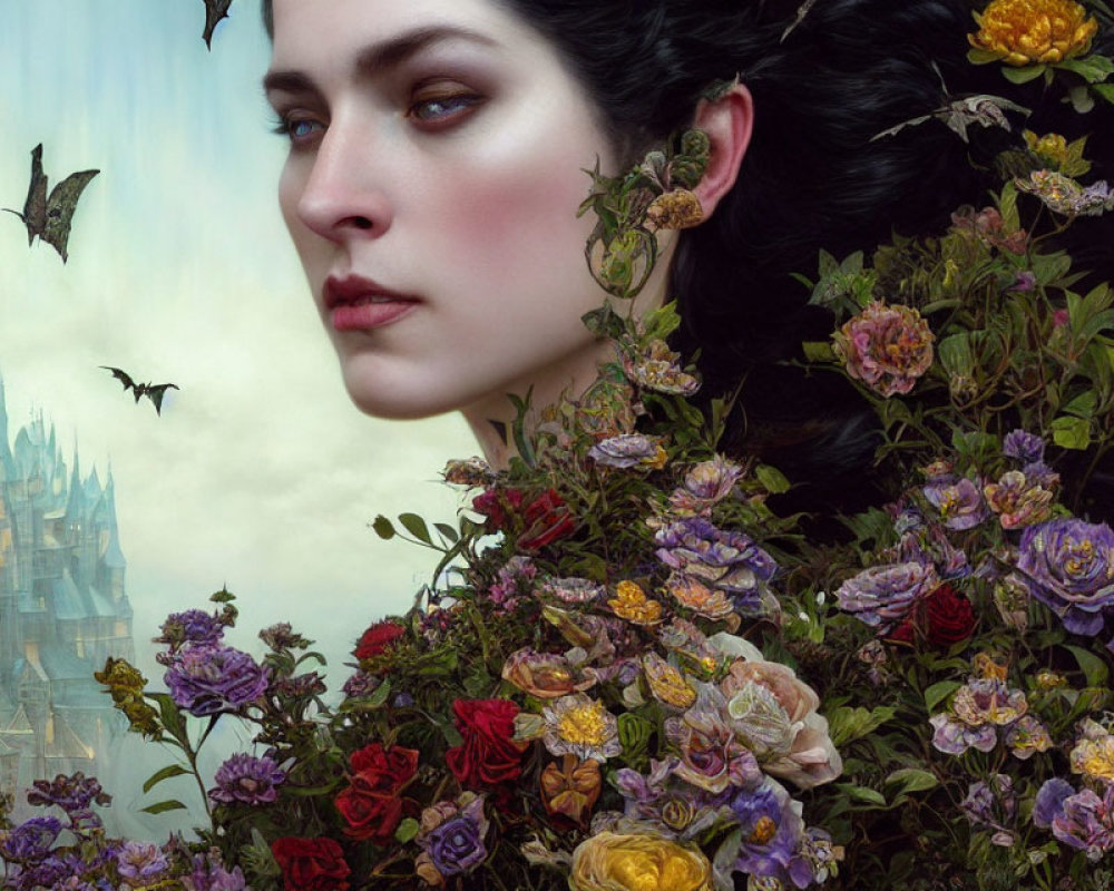 Surreal portrait of woman with flowers and vines in hair against mystical castle and bats