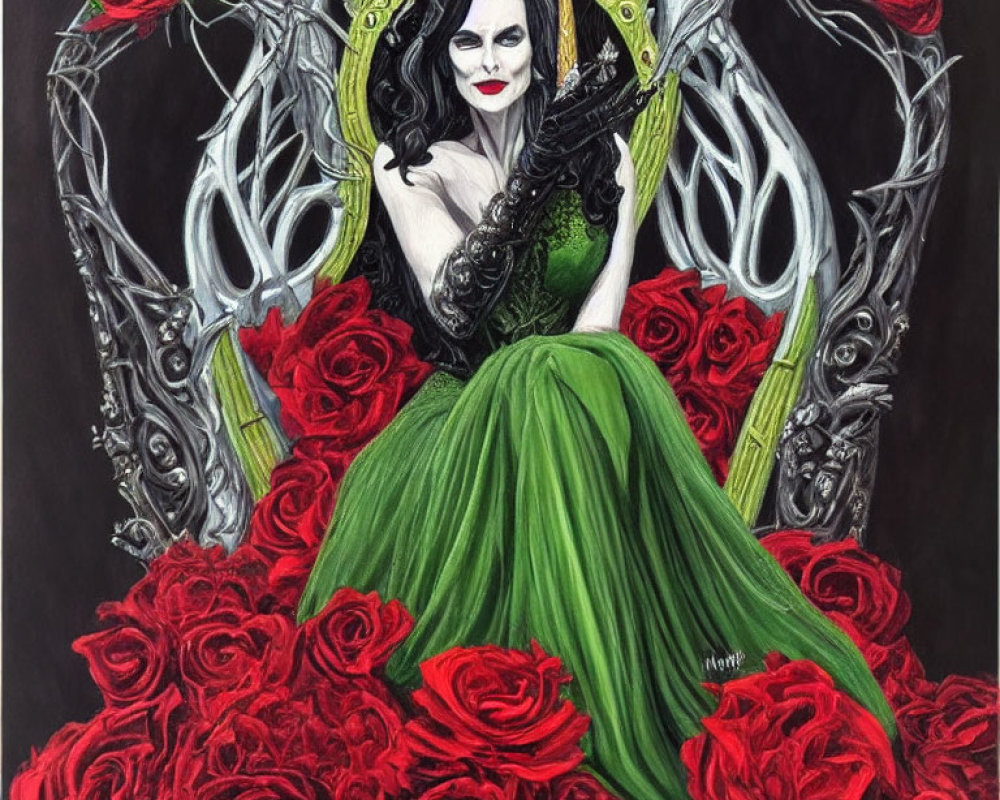 Gothic-style illustration of pale woman on throne with red roses