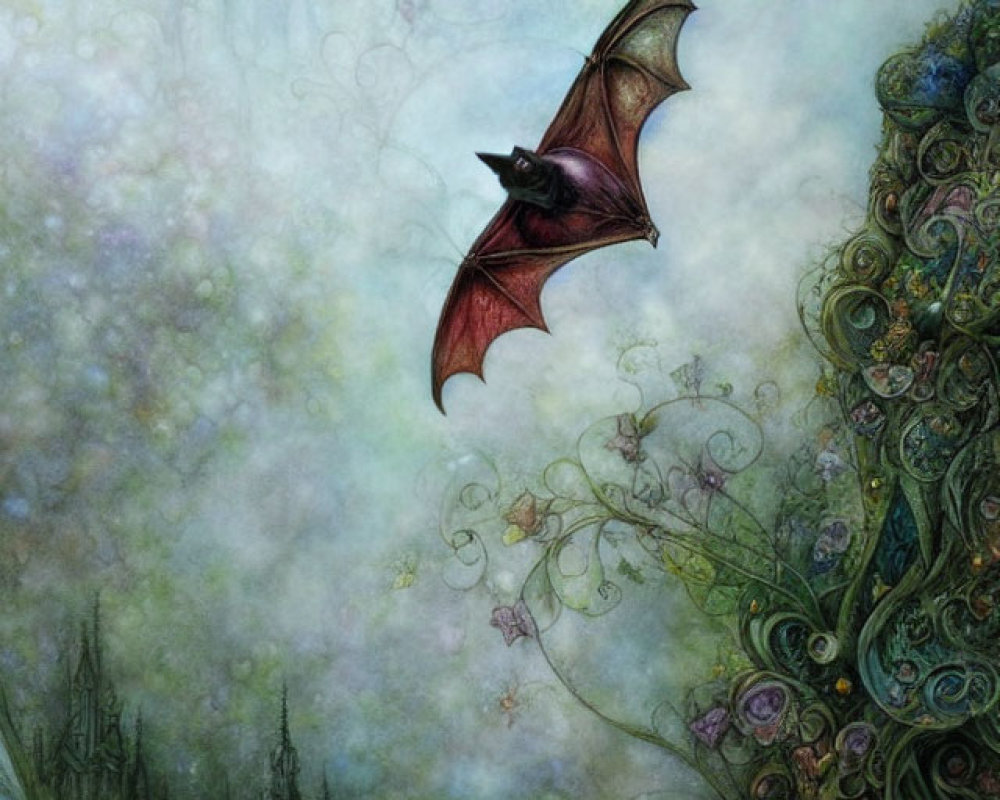 Stylized artwork of bat with red-tipped wings near whimsical tower