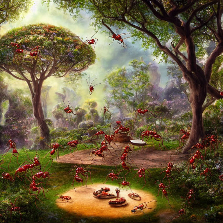 Fantastical red ants in lush enchanted forest scene