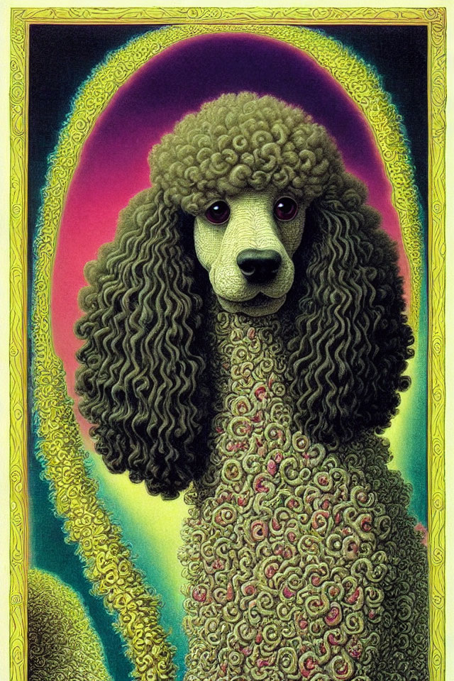 Regal poodle with curly coat in front of psychedelic background