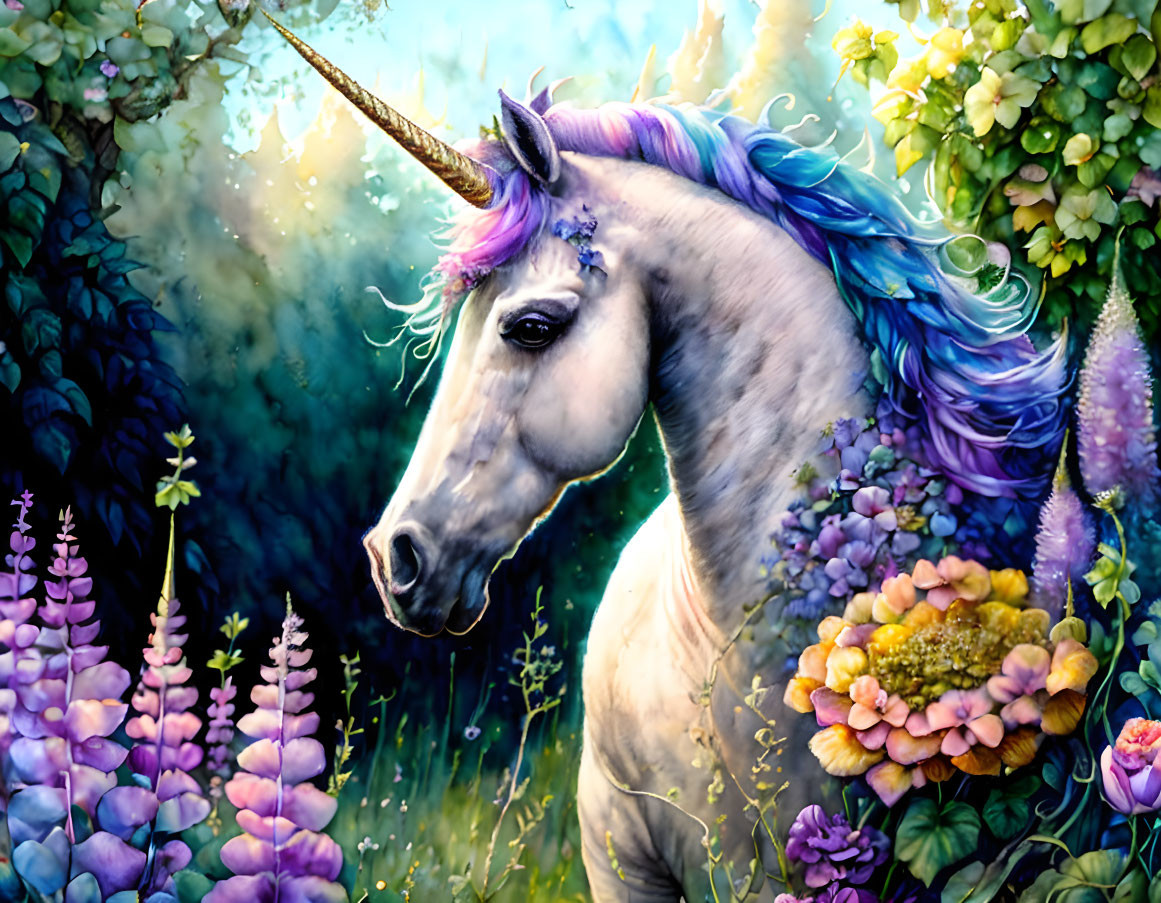 Vibrant unicorn illustration in lush forest with purple mane