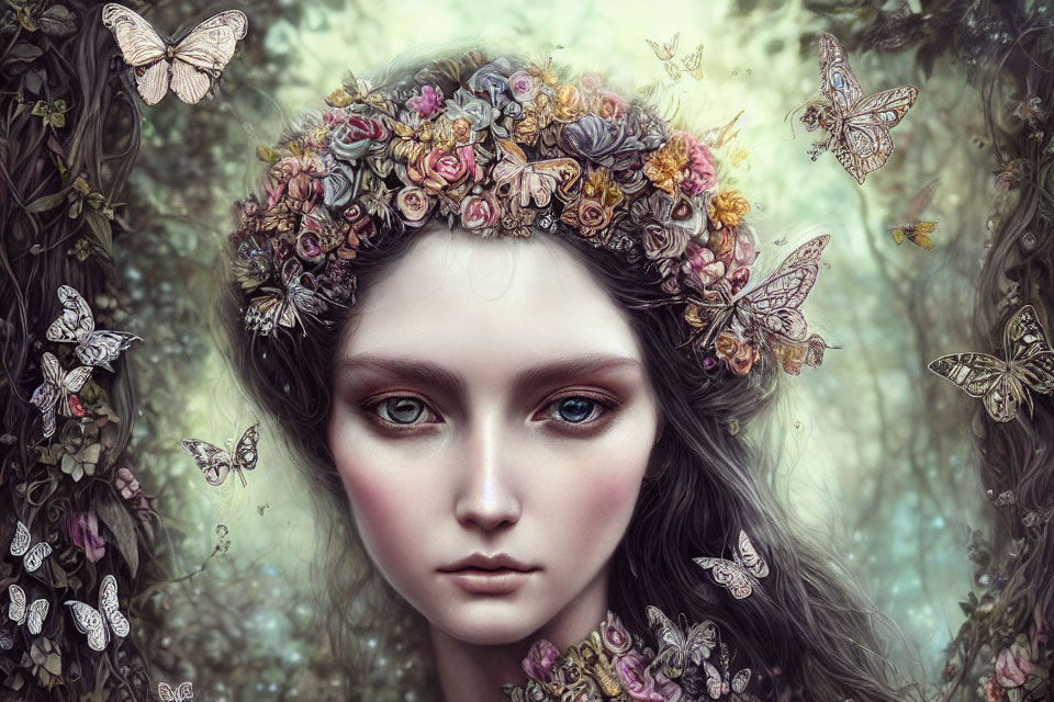 Person wearing floral crown with butterflies in mystical green backdrop