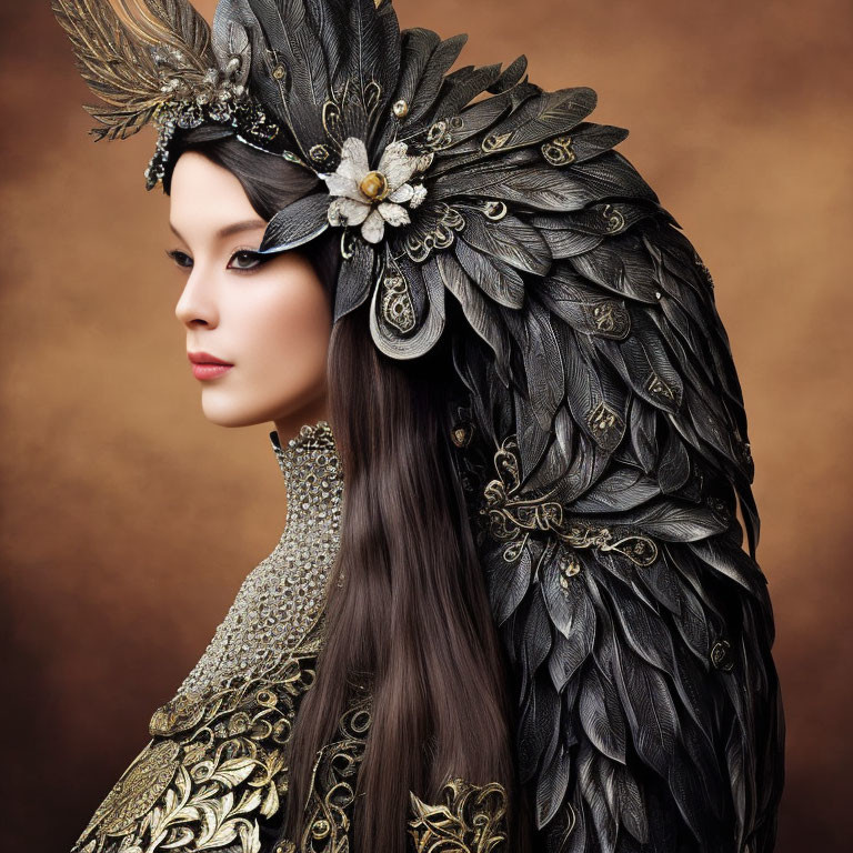 Dramatic makeup woman in feathered headdress and gold embroidered garment