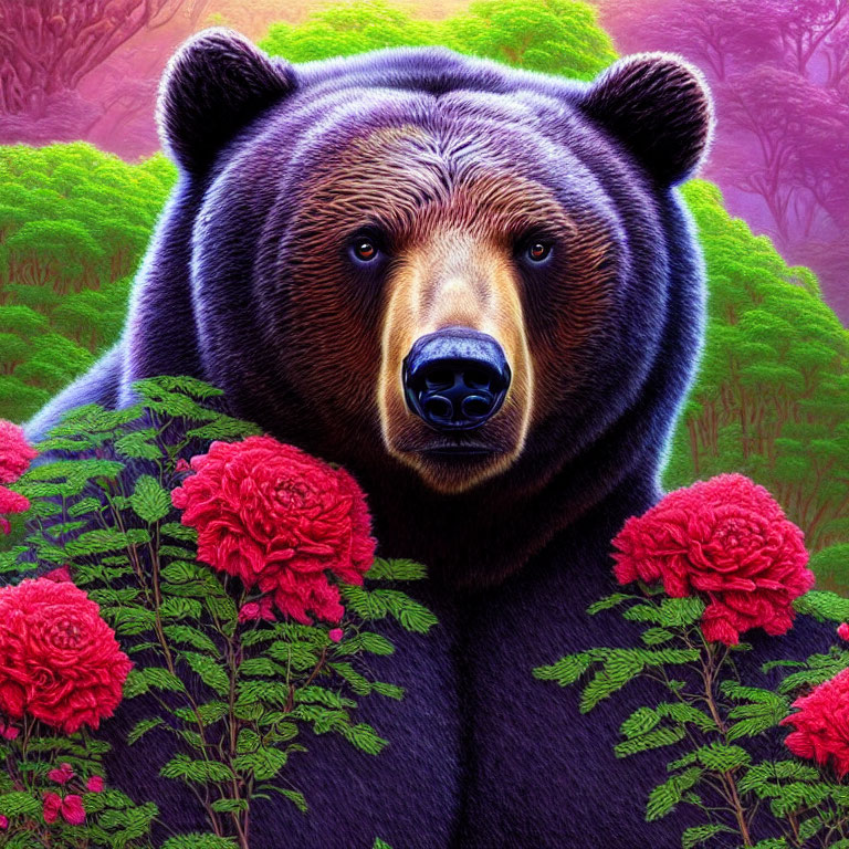 Detailed bear illustration with red flowers and magenta foliage