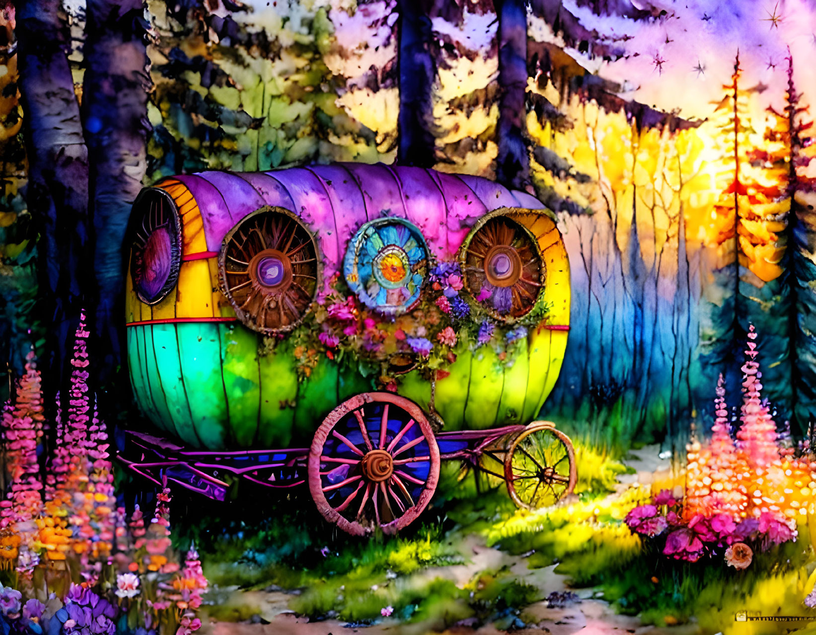 Colorful whimsical caravan with floral adornments in enchanting forest at twilight