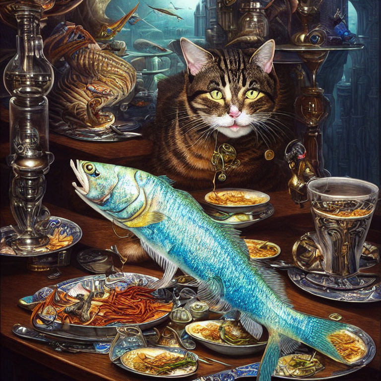Tabby cat surrounded by lavish feast and opulent decor.