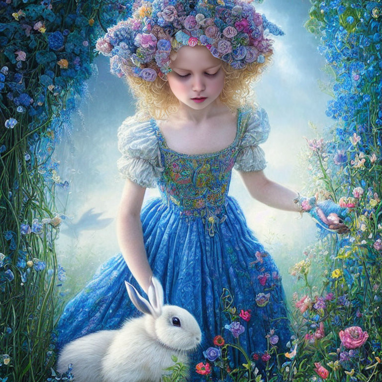 Young girl in blue floral dress with rose hat and white rabbit in garden full of blue flowers