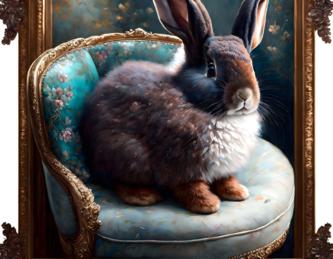 Brown and white speckled rabbit on blue cushioned chair with gold border