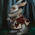 Elaborately dressed rabbit in forest with pocket watch
