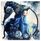 Blue-haired woman with floral hat holding twisted staff in cosmic setting