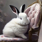 Fluffy white rabbit with black-tipped ears on ornate cushioned chair