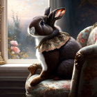 Regal Rabbit with Lace Collar Sitting by Window and Flowers
